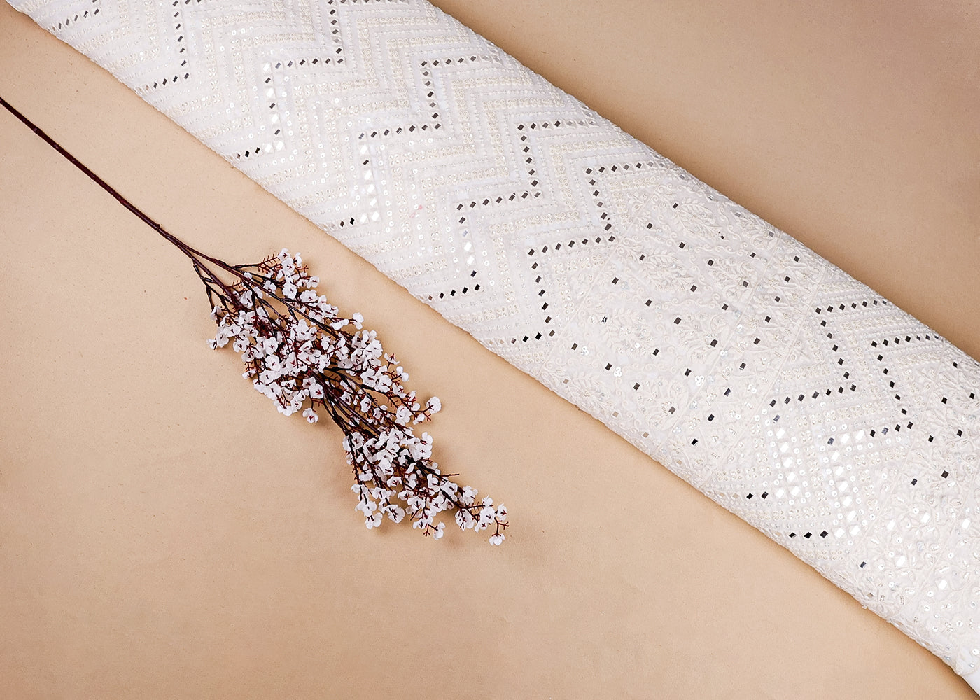 White Georgette Fabric With All Over Thread, Faux Mirror, Sequins And One Side Heavy Border 16866