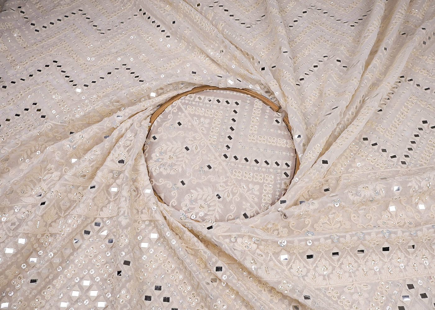 White Georgette Fabric With All Over Thread, Faux Mirror, Sequins And One Side Heavy Border 16866