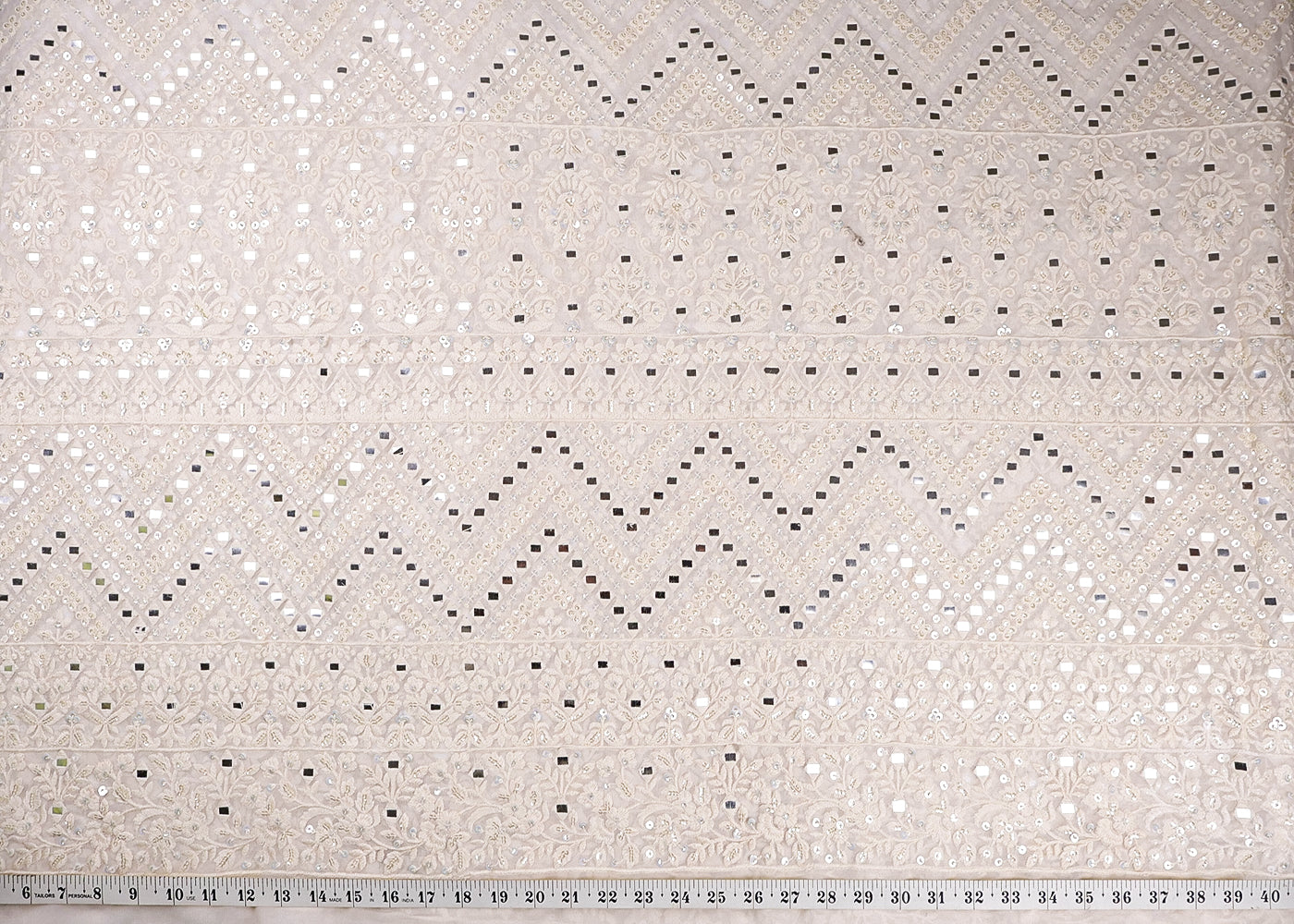White Georgette Fabric With All Over Thread, Faux Mirror, Sequins And One Side Heavy Border 16866