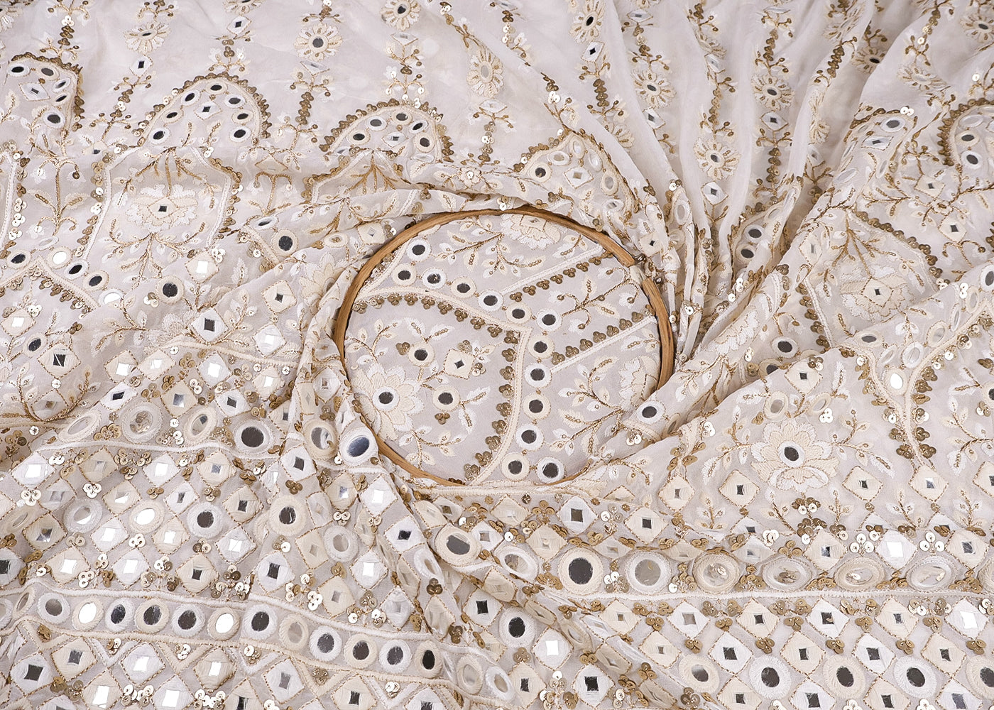 White Georgette Fabric With All Over Zari, Thread, Faux Mirror, Sequins And One Side Heavy Border 16867