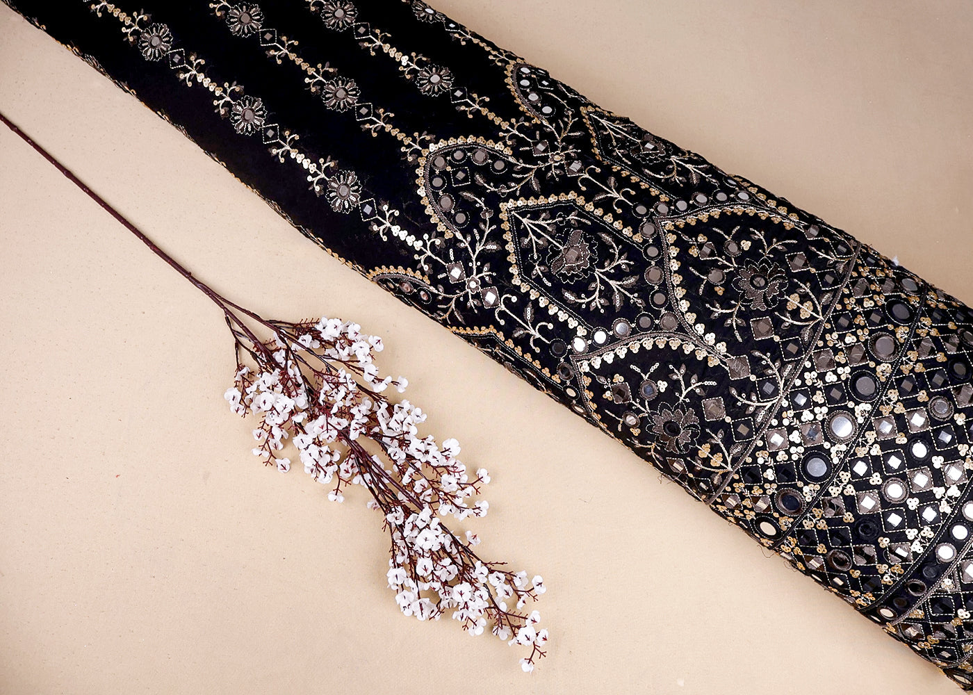 Black Georgette Fabric With All Over Faux Mirror, Sequins, Zari, Thread Work And One Side Heavy Border 16868