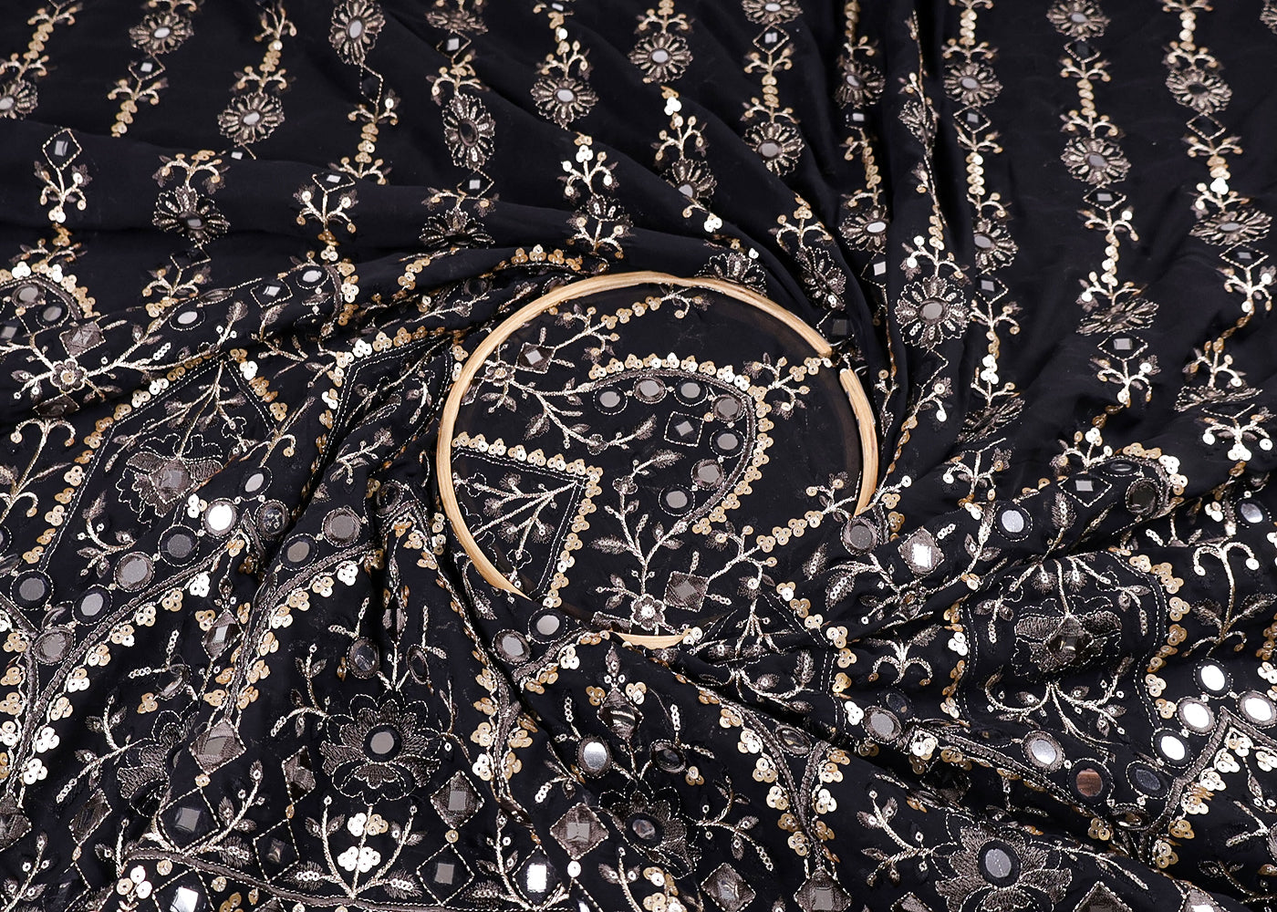 Black Georgette Fabric With All Over Faux Mirror, Sequins, Zari, Thread Work And One Side Heavy Border 16868
