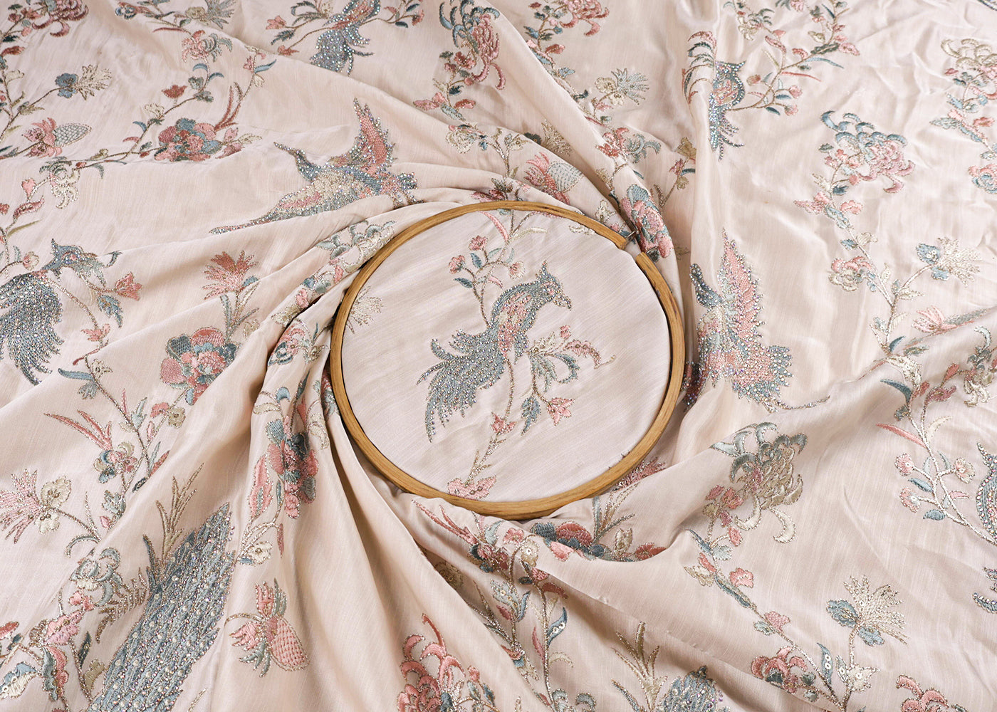 White Satin Fabric With All Over Thread And Swarovski Work With One Side Border 16869