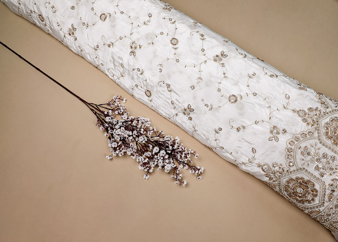 White Crepe Fabric With All Over Zari, Bead And Sequins Work With One Side Border 16870