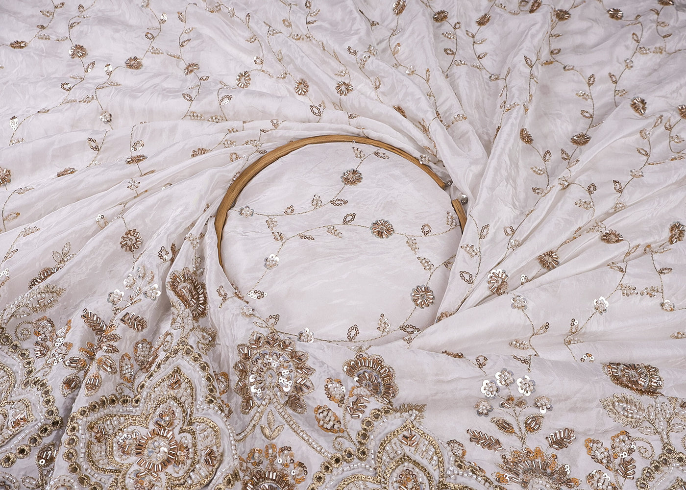 White Crepe Fabric With All Over Zari, Sequins, Katdana And Bead Work 16871