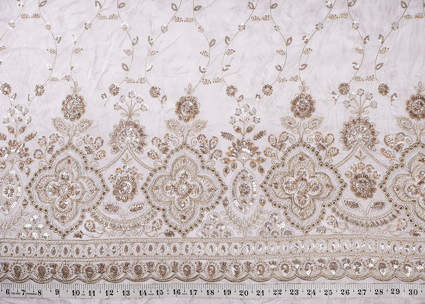 White Crepe Fabric With All Over Zari, Sequins, Katdana And Bead Work 16871