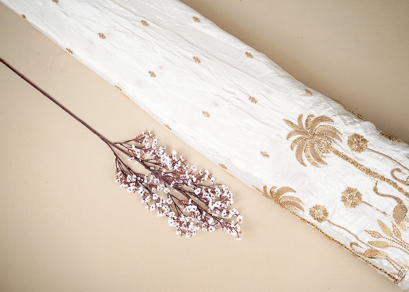 White Crepe Fabric With All Over Katdana, Bead, Zari And Sequins Work With One Side Border 16873
