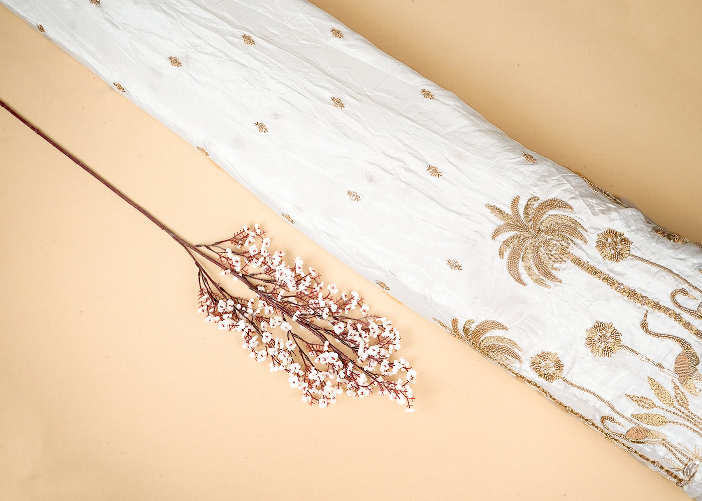 White Crepe Fabric With All Over Katdana, Bead, Zari And Sequins Work With One Side Border 16873