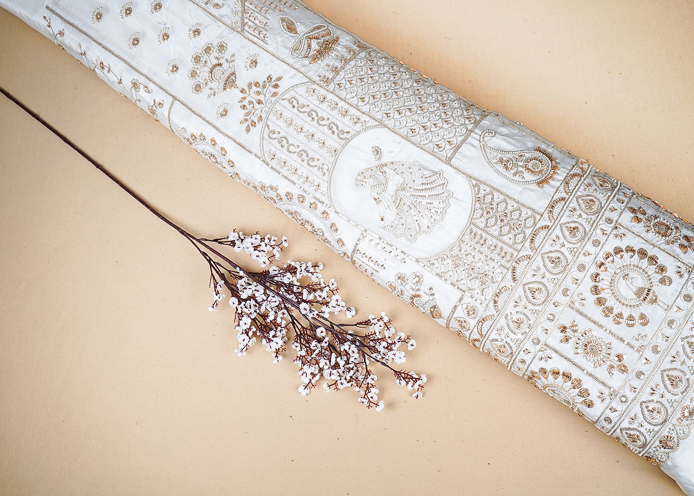 White Crepe Fabric With All Over Katdana, Bead, Sequins And Zari Work With One Side Border 16875