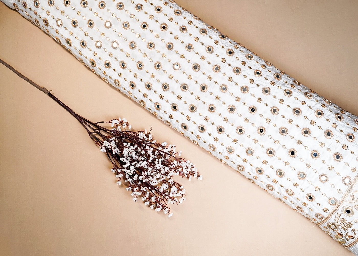 White Crepe Fabric With All Over Bead, Mirror, Katdana, Sequins, Zari Work And One Side Border 16876