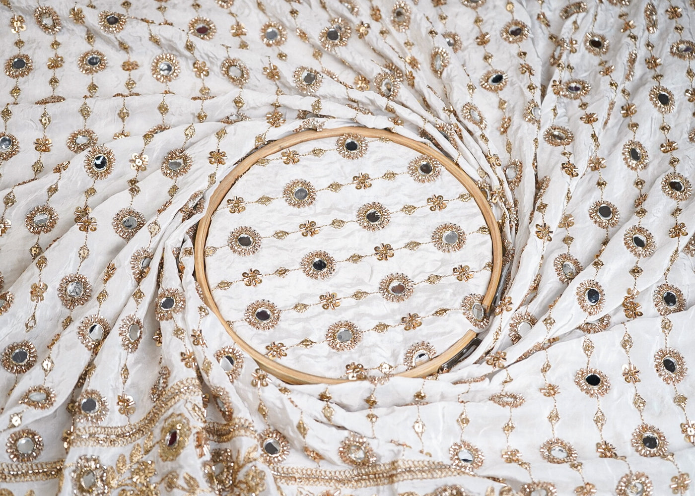 White Crepe Fabric With All Over Bead, Mirror, Katdana, Sequins, Zari Work And One Side Border 16876