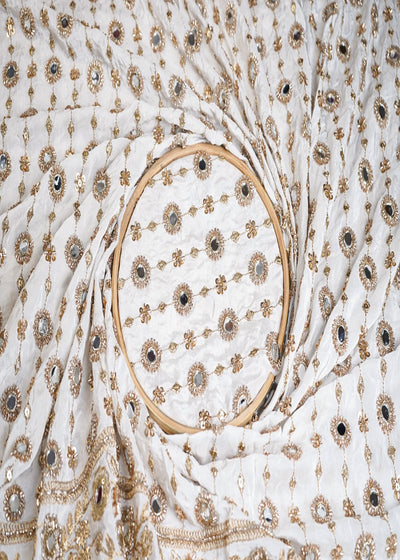 White Crepe Fabric With All Over Bead, Mirror, Katdana, Sequins, Zari Work And One Side Border 16876