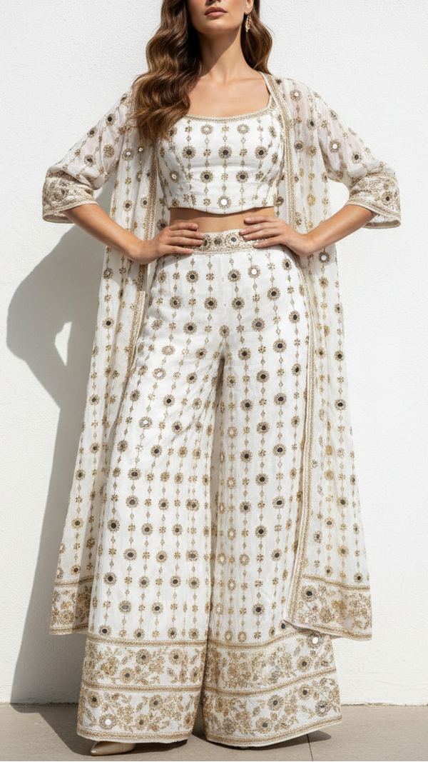 White Crepe Fabric With All Over Bead, Mirror, Katdana, Sequins, Zari Work And One Side Border 16876