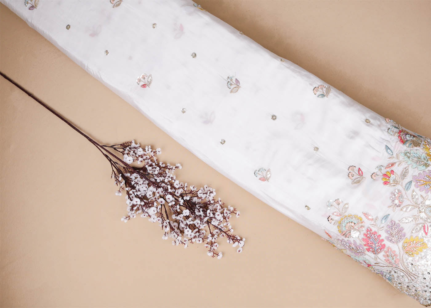 White Crepe Fabric With All Over Sequins, Katdana, Bead, Thread Work And One Side Scalloped Border 16877