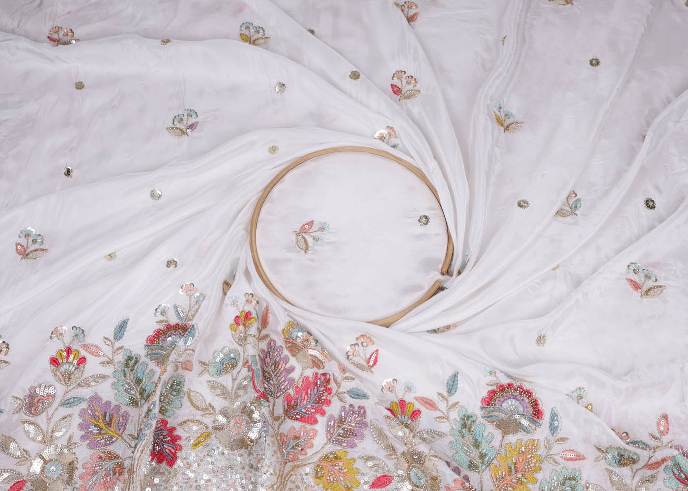 White Crepe Fabric With All Over Sequins, Katdana, Bead, Thread Work And One Side Scalloped Border 16877