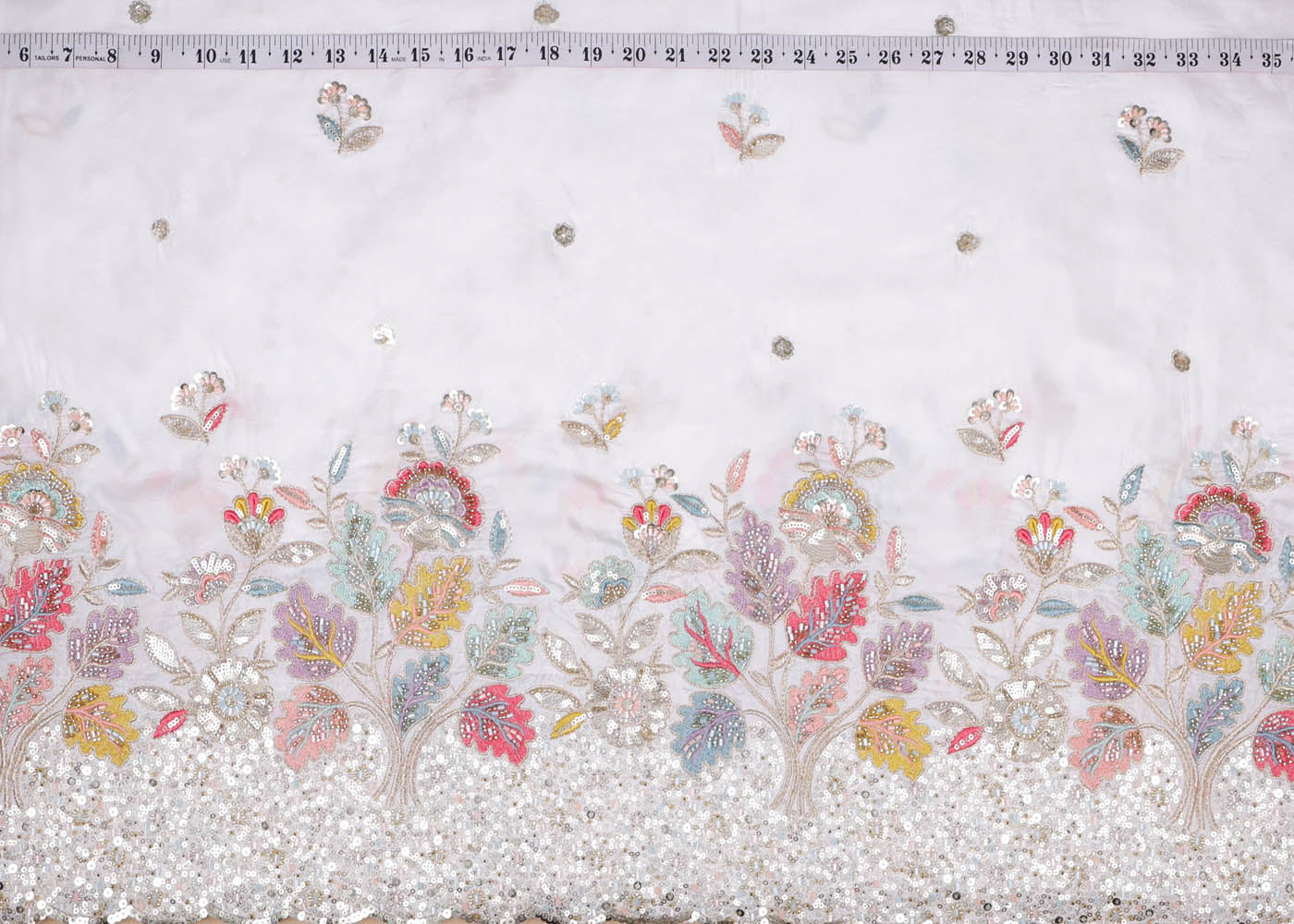 White Crepe Fabric With All Over Sequins, Katdana, Bead, Thread Work And One Side Scalloped Border 16877