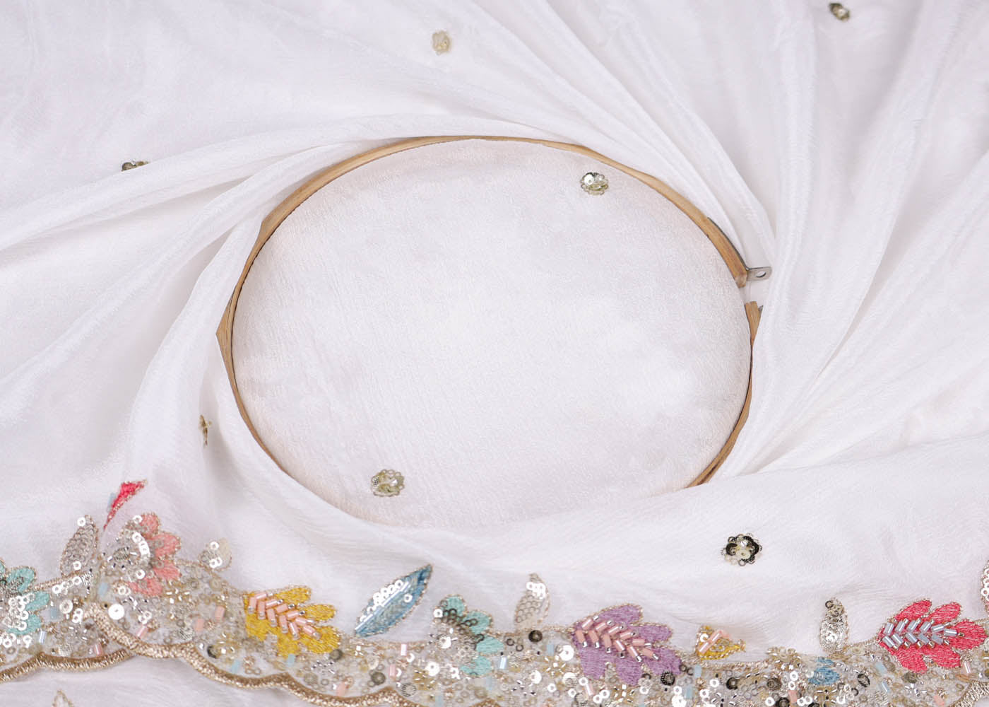 White Chinon Chiffon Fabric With All Over Sequins, Katdana, Bead, Thread Work And Two Side Scalloped Border 16878