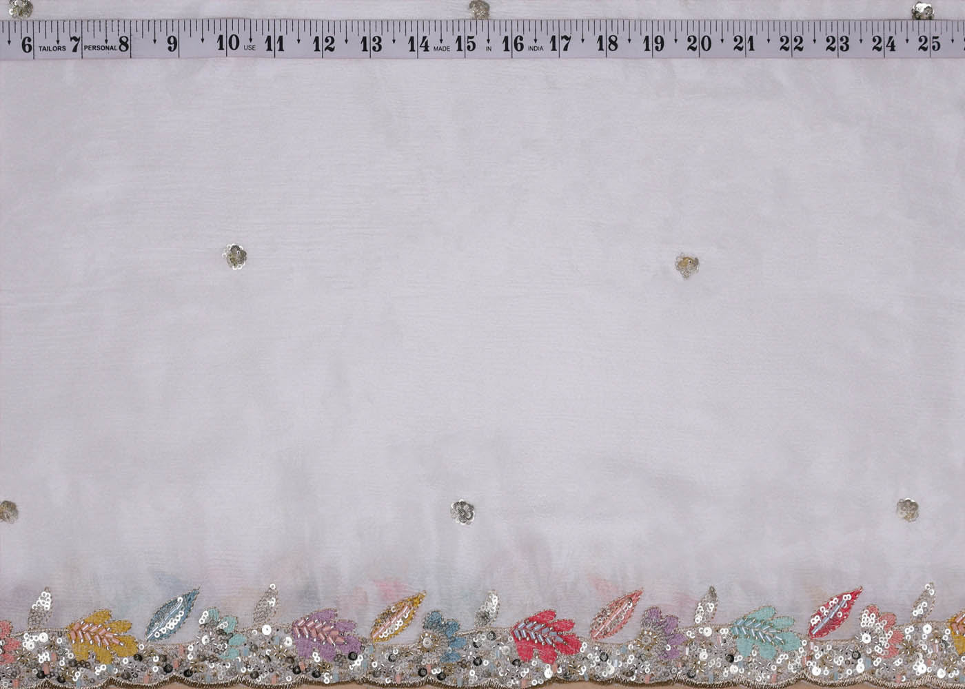 White Chinon Chiffon Fabric With All Over Sequins, Katdana, Bead, Thread Work And Two Side Scalloped Border 16878