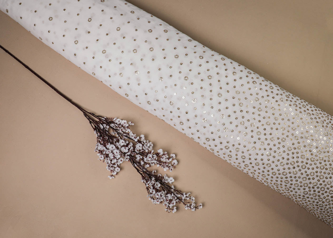 White Georgette Fabric With All Over Sequins And Zari Work And One Side Border 16879