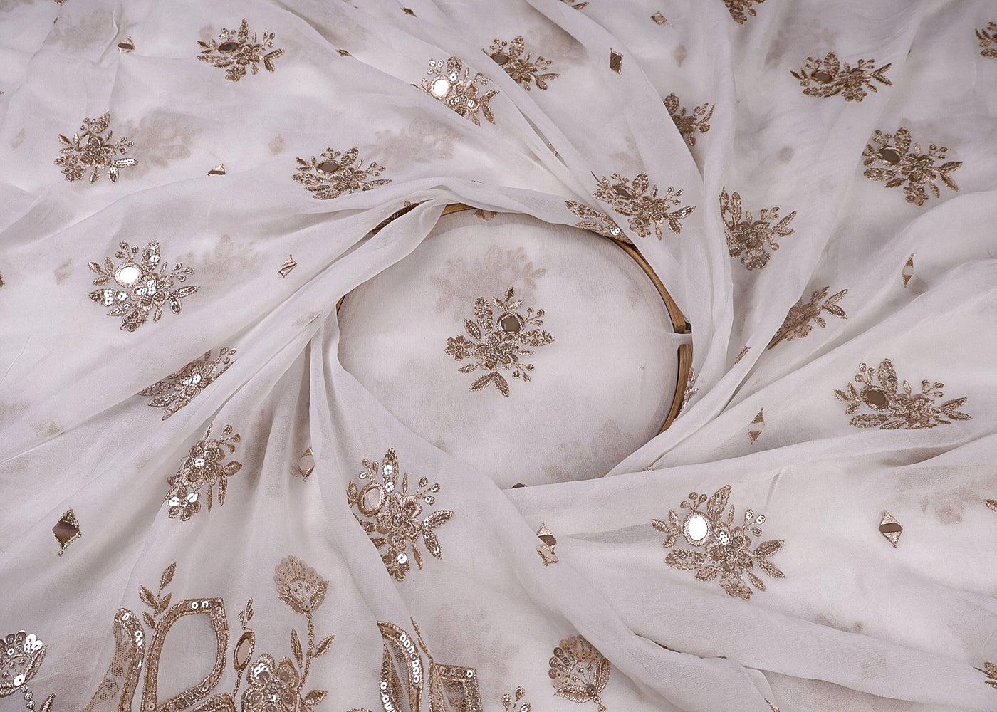 White Georgette Fabric With All Over Zari, Sequins, Faux Mirror And Net Cutwork 16880