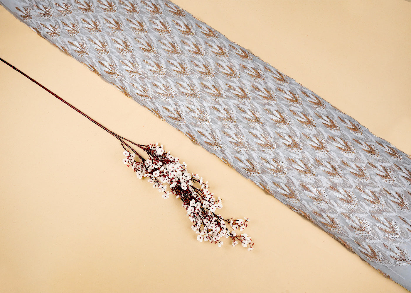 White Imported Net Fabric With All Over Sequins And Katdana Work 16881