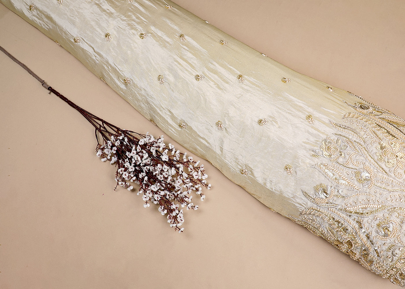 Golden Tissue Fabric With All Over Sequins, Bead, Katdana, Zari Work And One Side Scalloped Border 16885