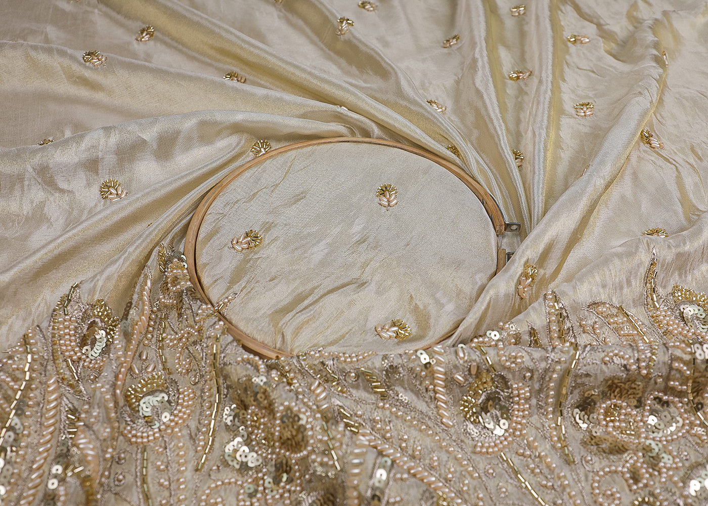 Golden Tissue Fabric With All Over Sequins, Bead, Katdana, Zari Work And One Side Scalloped Border 16885