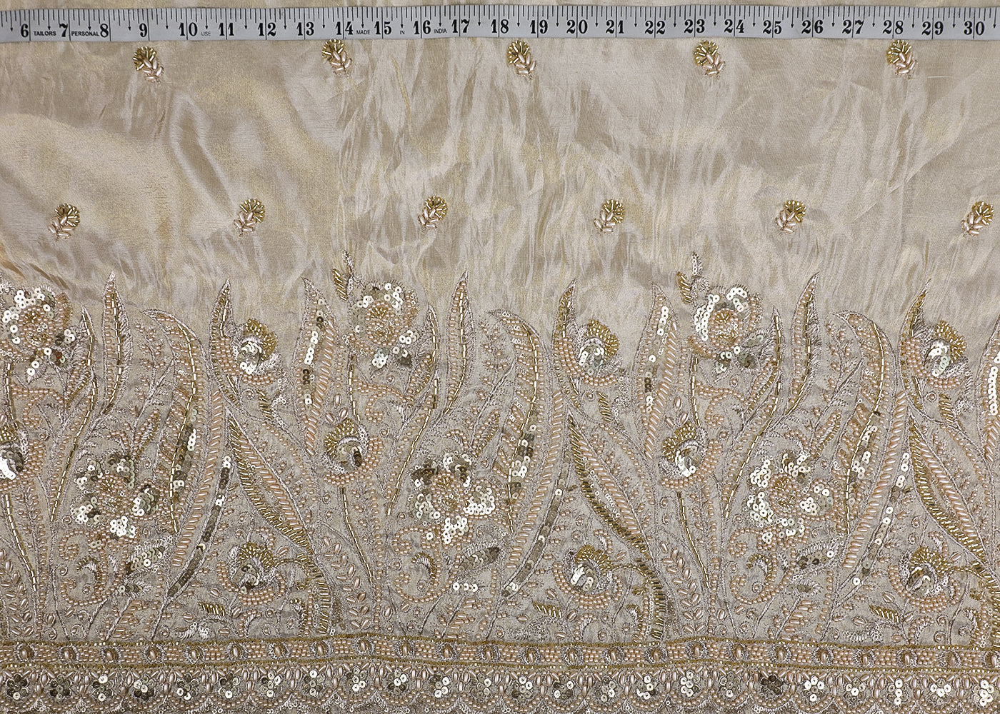 Golden Tissue Fabric With All Over Sequins, Bead, Katdana, Zari Work And One Side Scalloped Border 16885