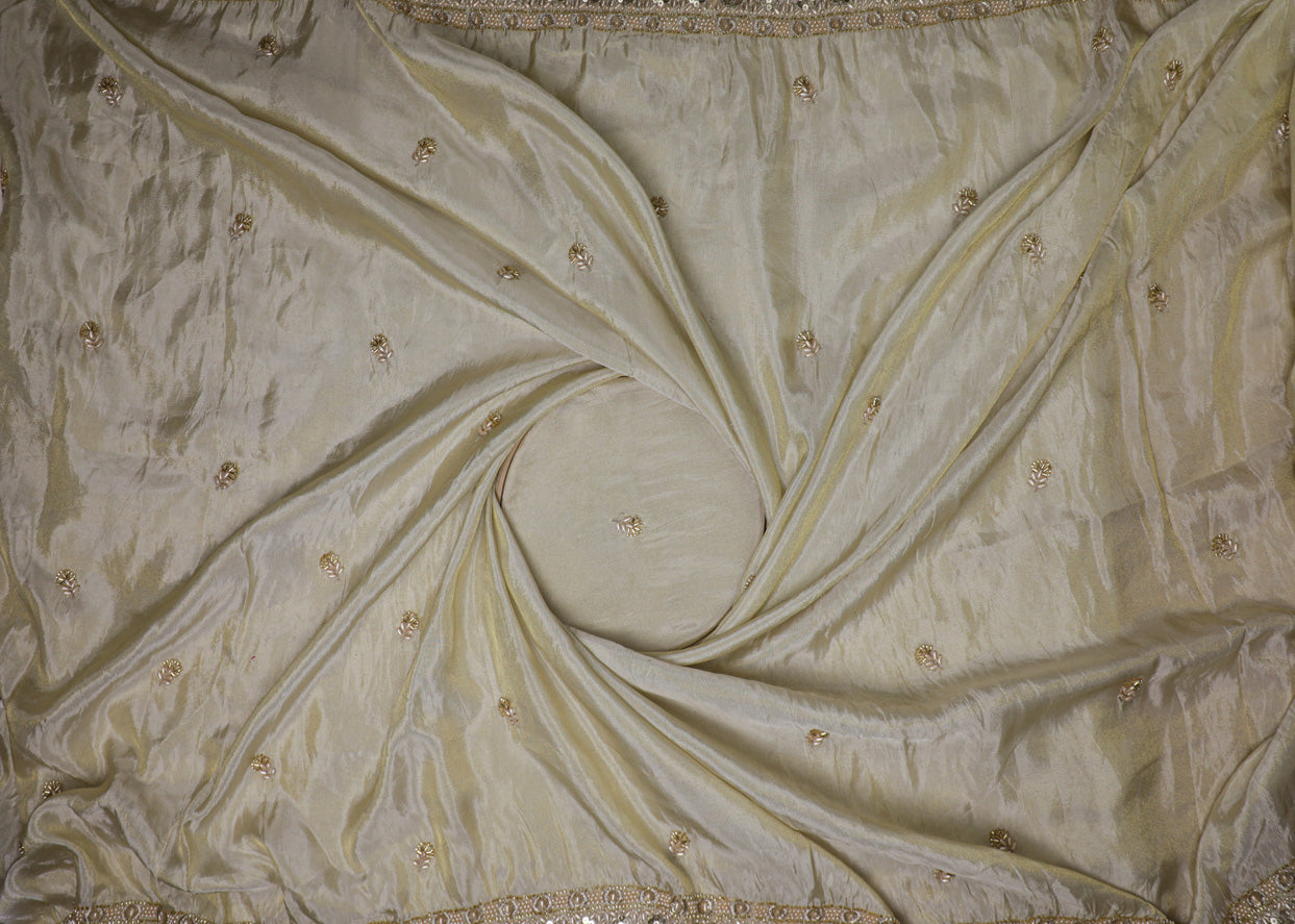 Golden Tissue Fabric With All Over Zari, Sequins And Bead Buti And Two Side Border 16886