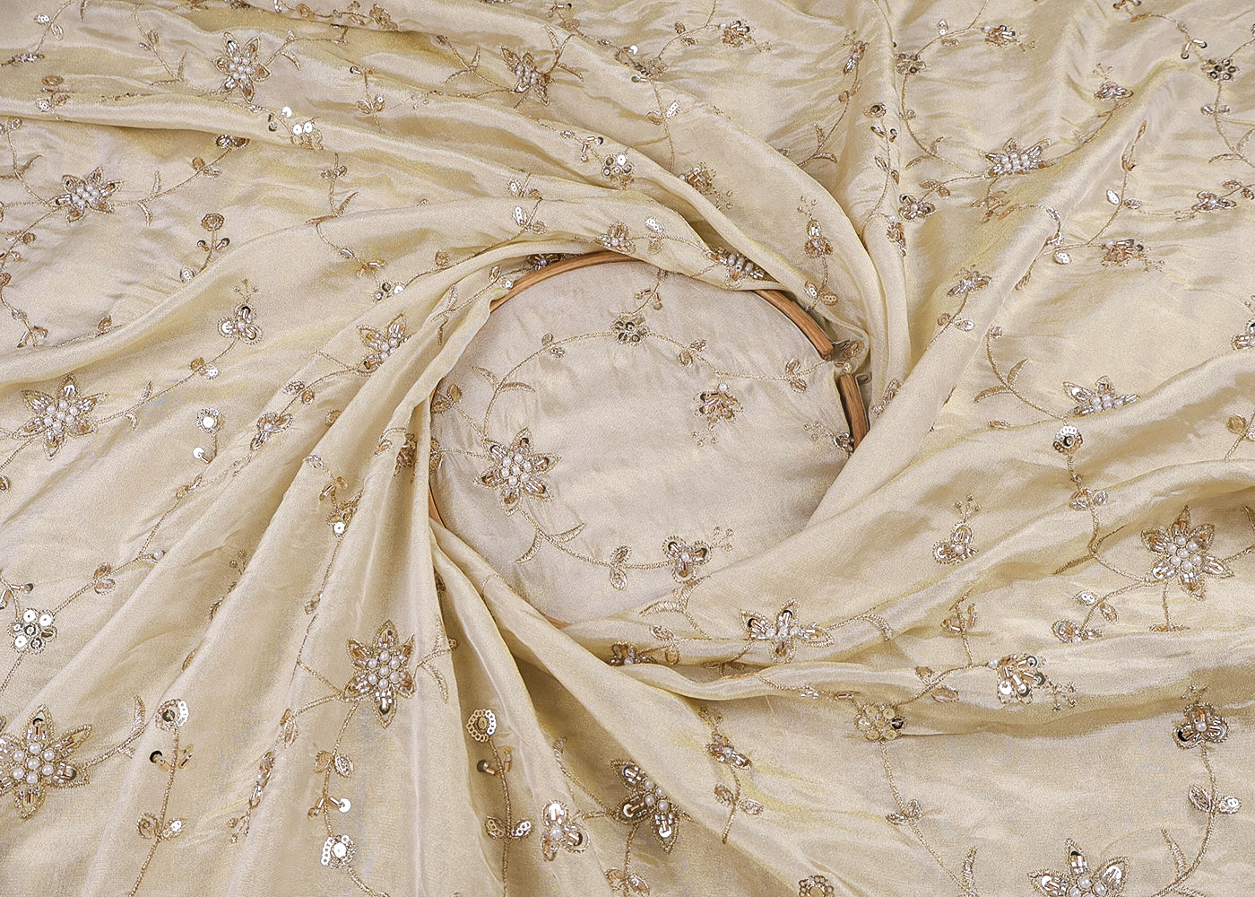 Golden Tissue Fabric With All Over Zari, Sequins, Katdana And Bead Work 16887