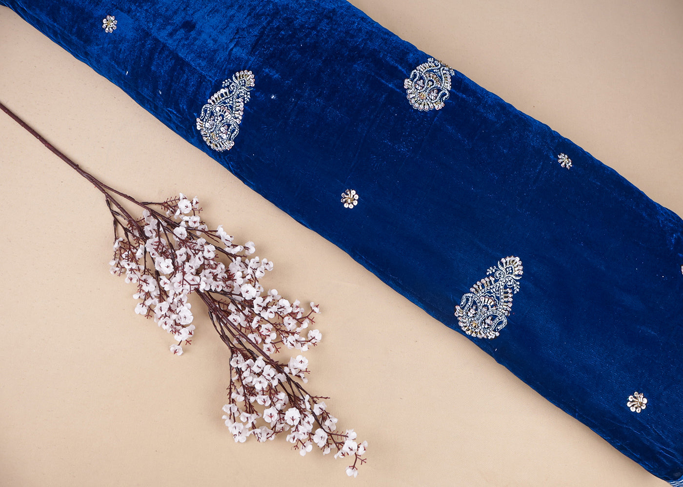 Teal Blue Velvet Fabric With All Over Zari, Sequins, Katdana And Bead Work 16888