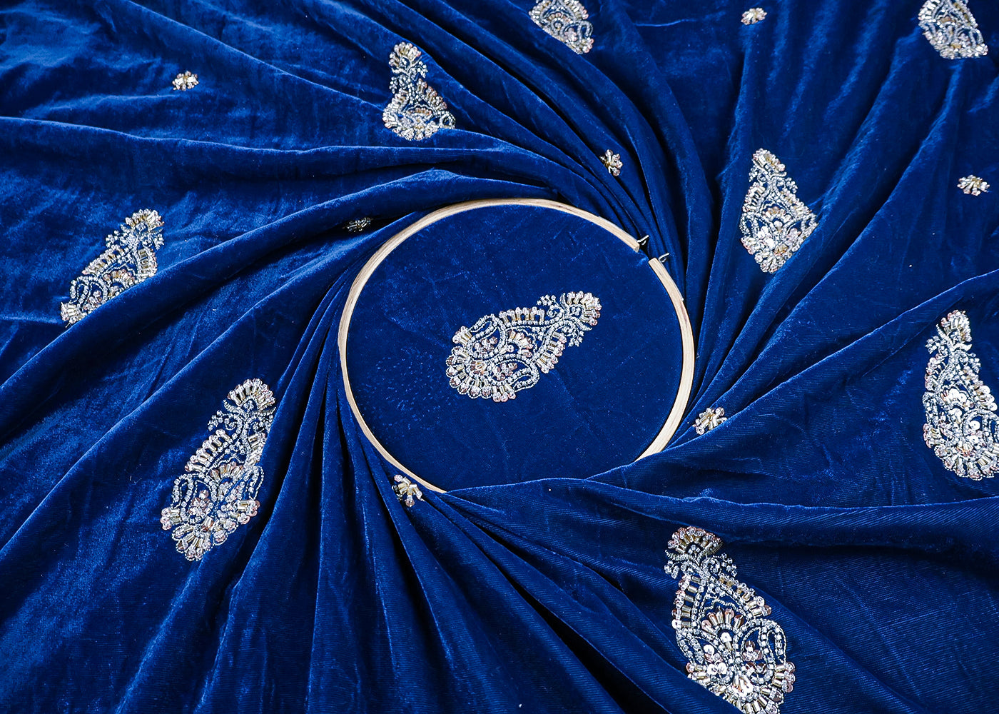 Teal Blue Velvet Fabric With All Over Zari, Sequins, Katdana And Bead Work 16888
