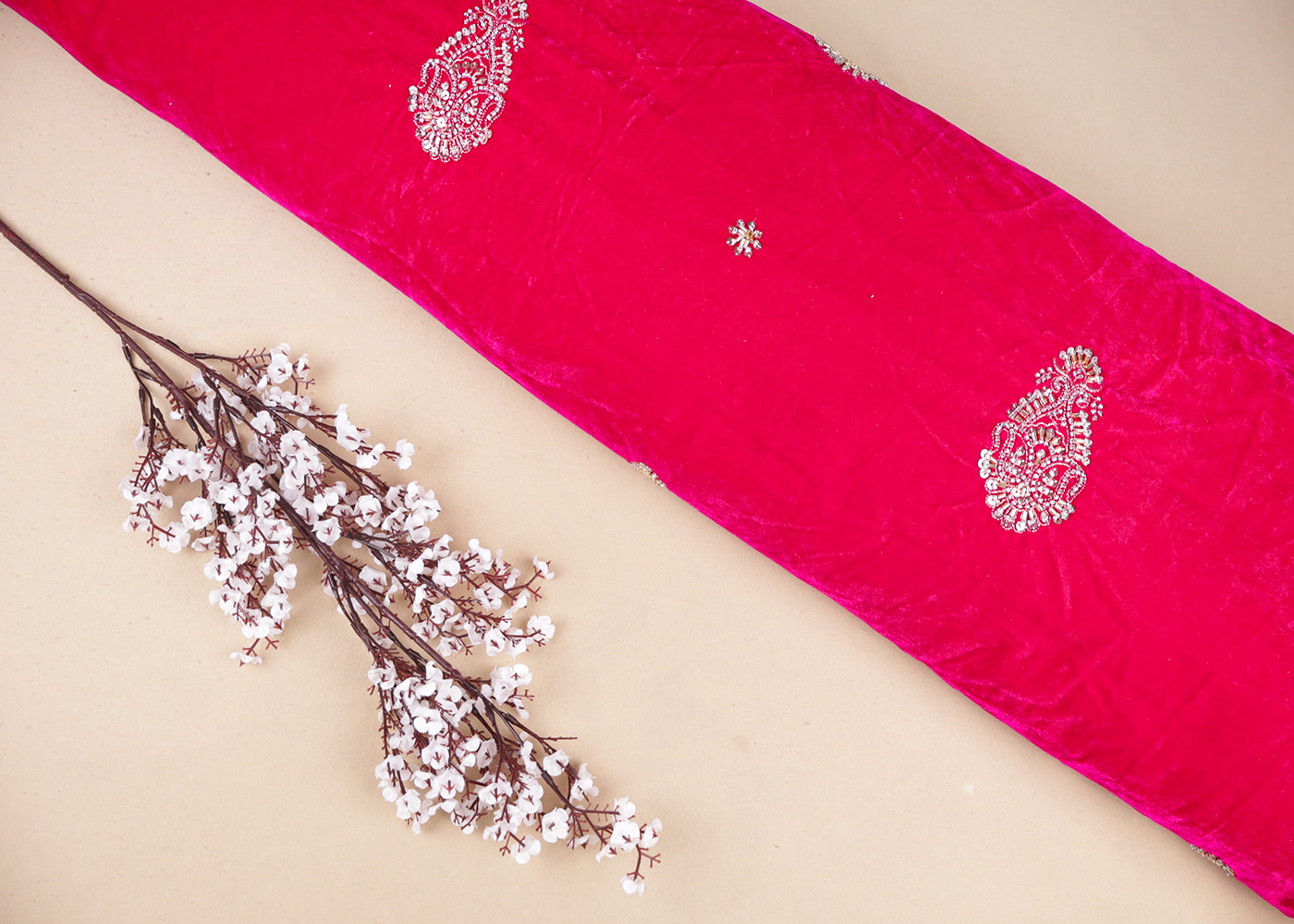 Pink Velvet Fabric With All Over Zari, Sequins, Katdana And Bead Work 16889