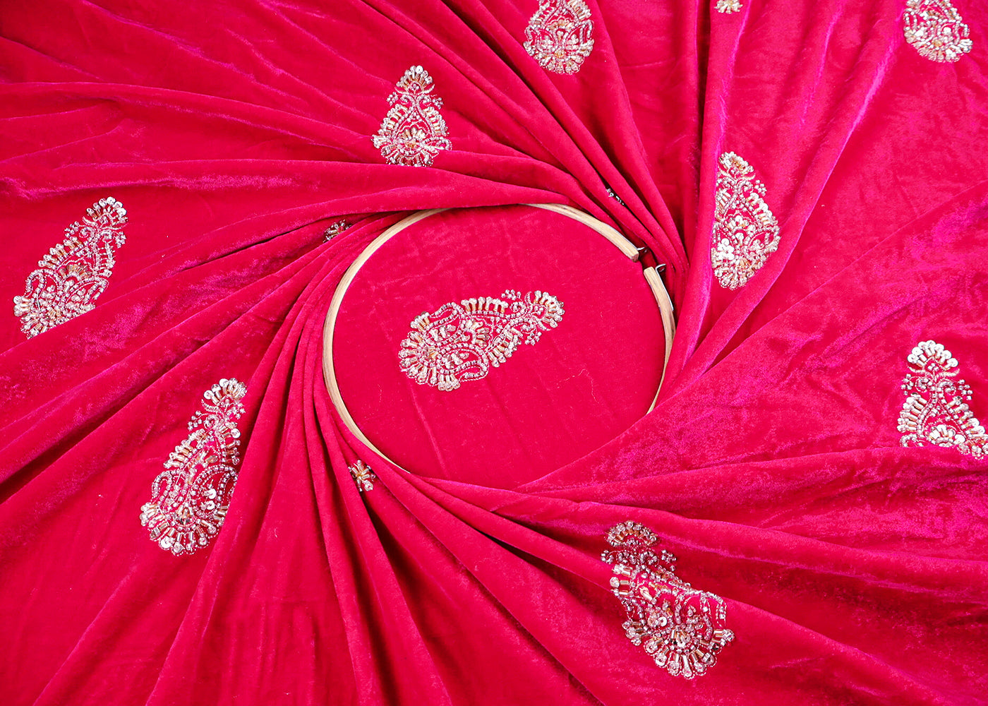 Pink Velvet Fabric With All Over Zari, Sequins, Katdana And Bead Work 16889