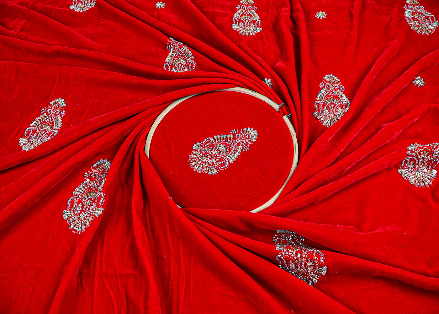 Red Velvet Fabric With All Over Zari, Sequins, Katdana And Bead Work 16890