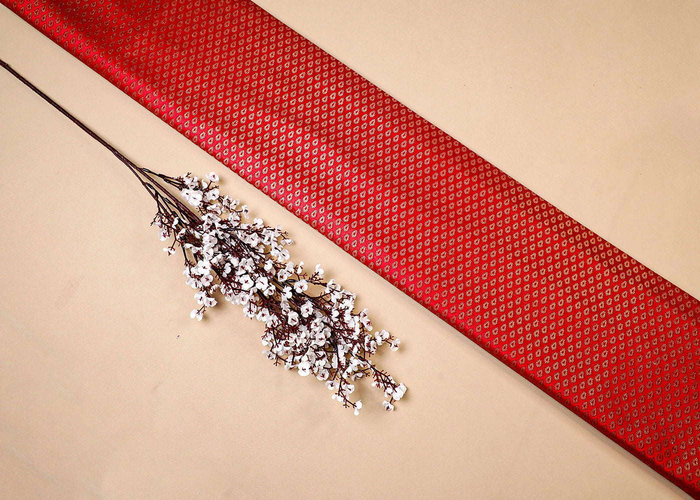 Red Banarasi Brocade Fabric With All Over Thread And Golden Zari Handloom 16899