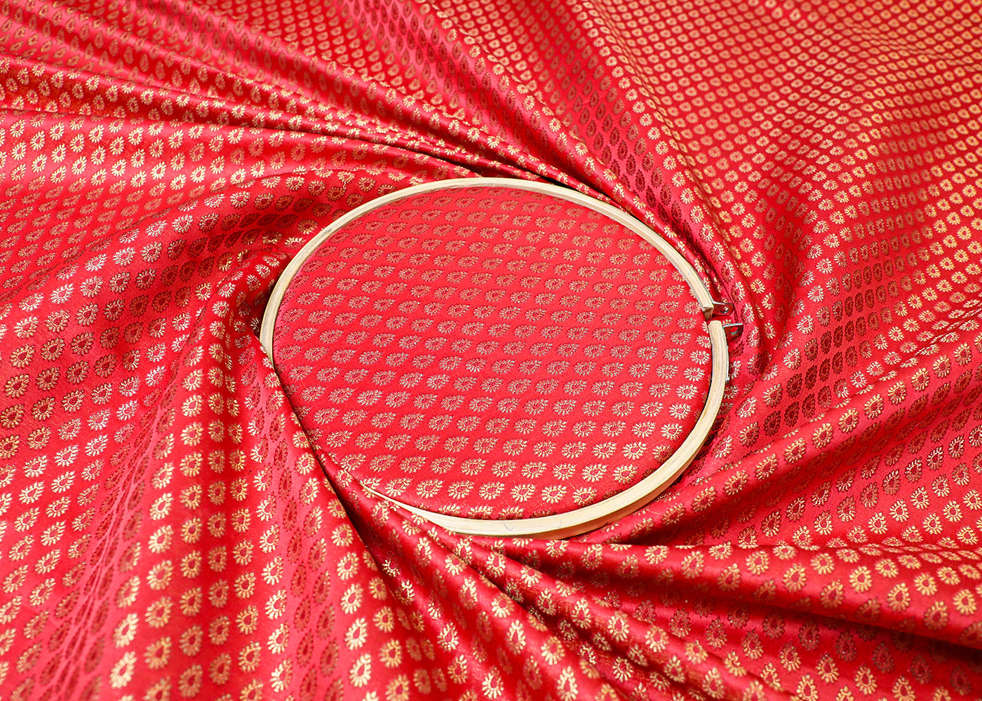 Red Banarasi Brocade Fabric With All Over Thread And Golden Zari Handloom 16899