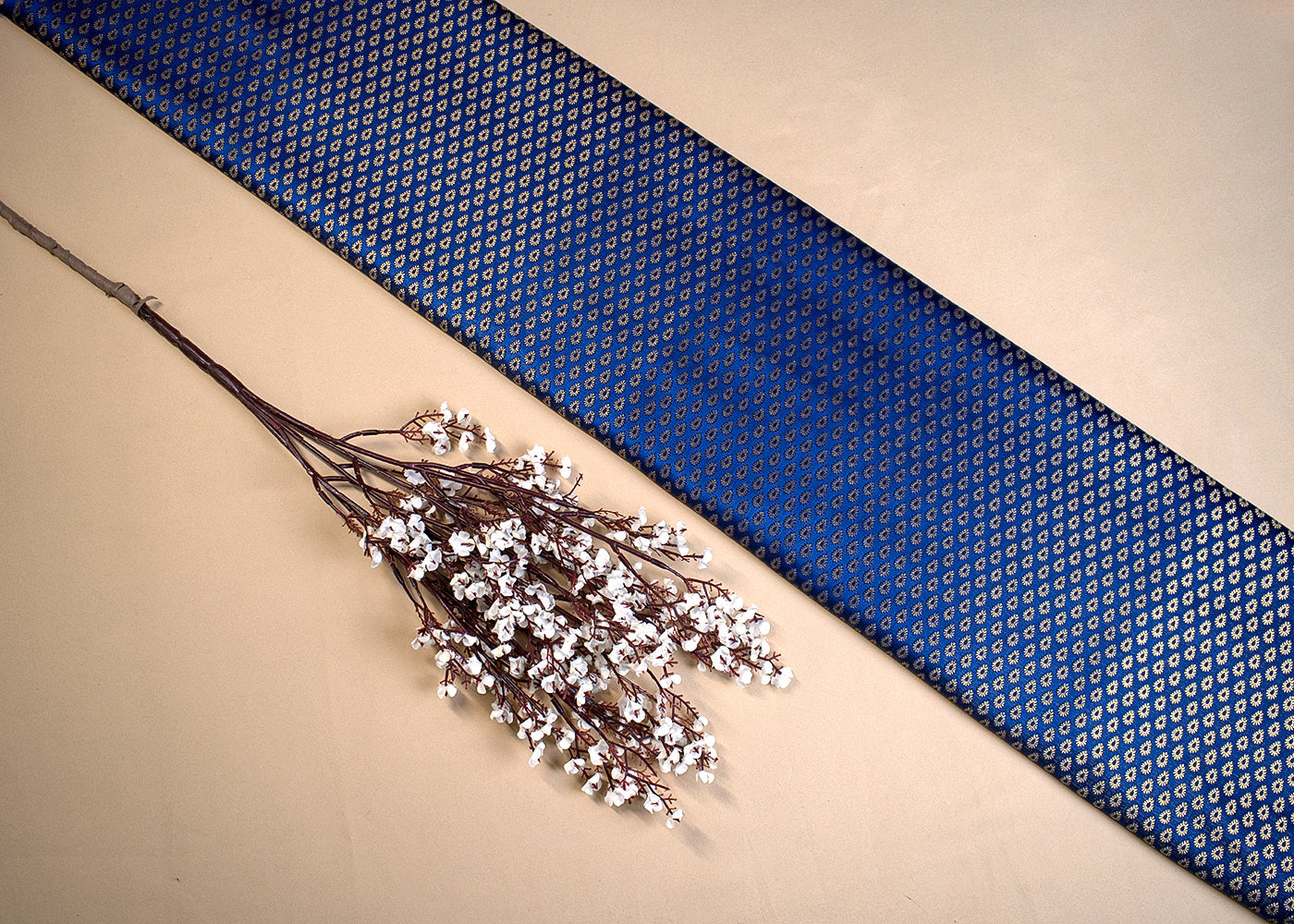 Navy Blue Banarasi Brocade Fabric With All Over Thread And Golden Zari Handloom 16900