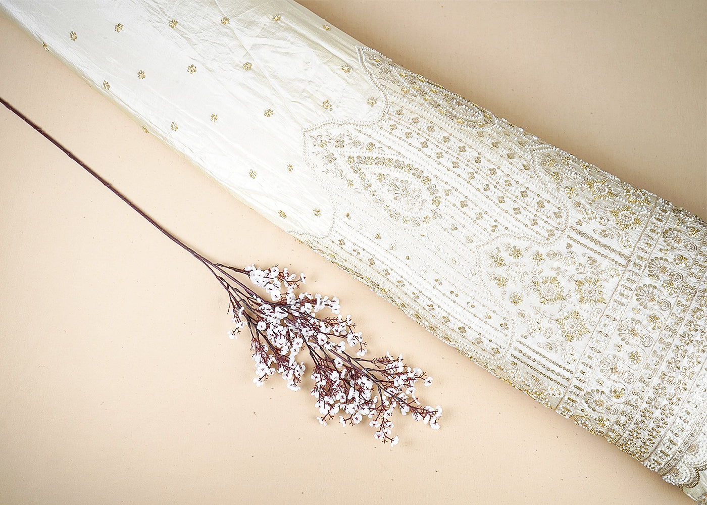 White Tissue Fabric With All Over Bead, Sequins, Katdana And Zari Work With One Side Border 16907