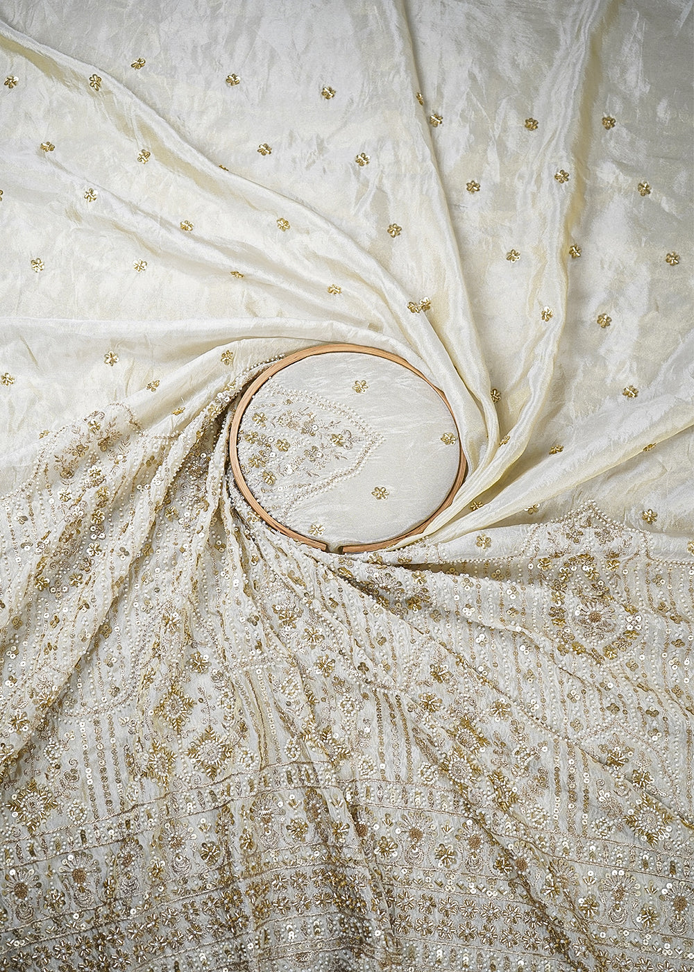 White Tissue Fabric With All Over Bead, Sequins, Katdana And Zari Work With One Side Border 16907