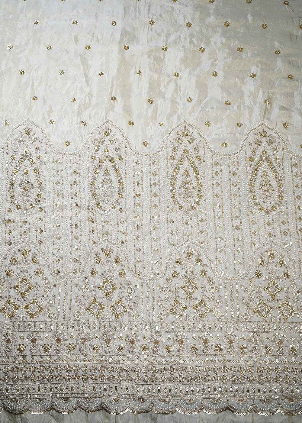 White Tissue Fabric With All Over Bead, Sequins, Katdana And Zari Work With One Side Border 16907