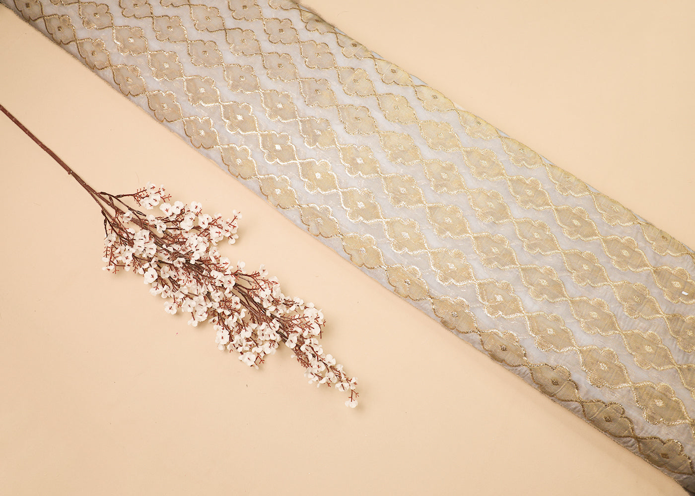 White Organza Fabric With All Over Zari Handloom 16920