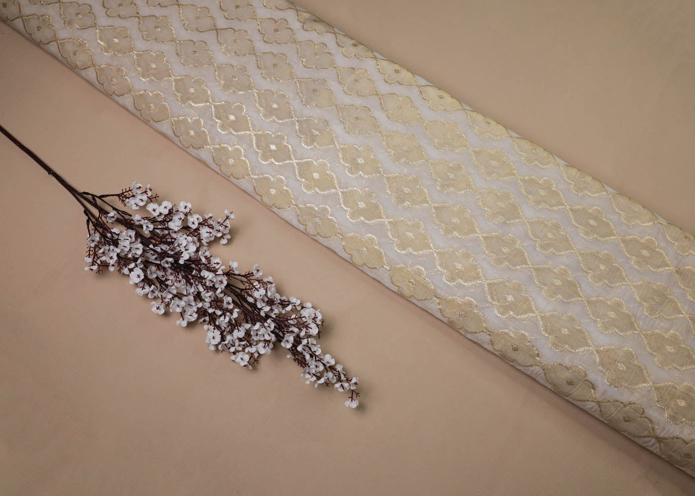 White Organza Fabric With All Over Zari Handloom 16920