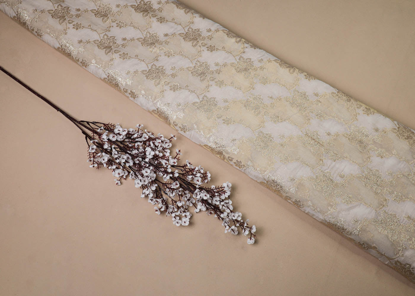 White Organza Fabric With All Over Zari Handloom 16921