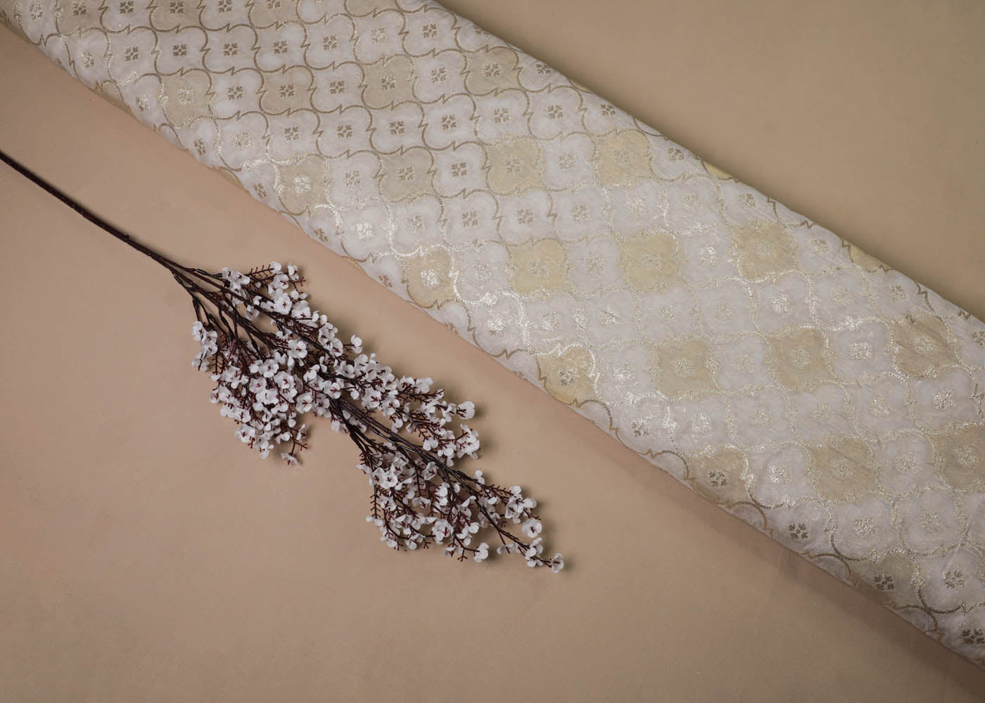 White Organza Fabric With All Over Zari Handloom 16922