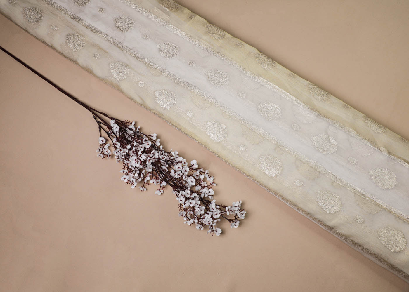White Organza Fabric With All Over Zari Handloom 16923