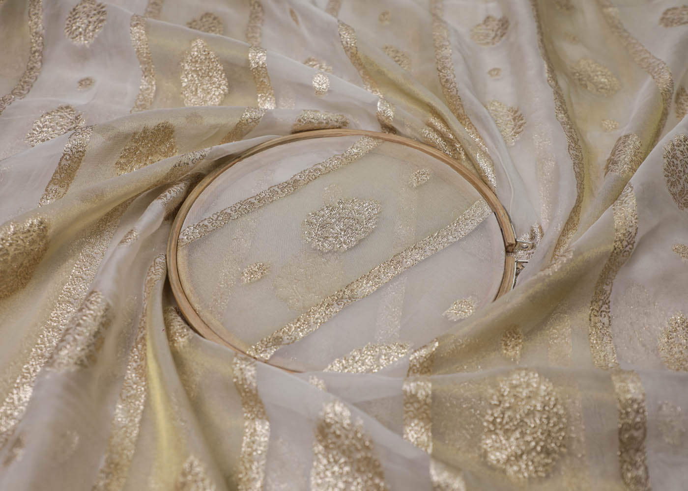 White Organza Fabric With All Over Zari Handloom 16923