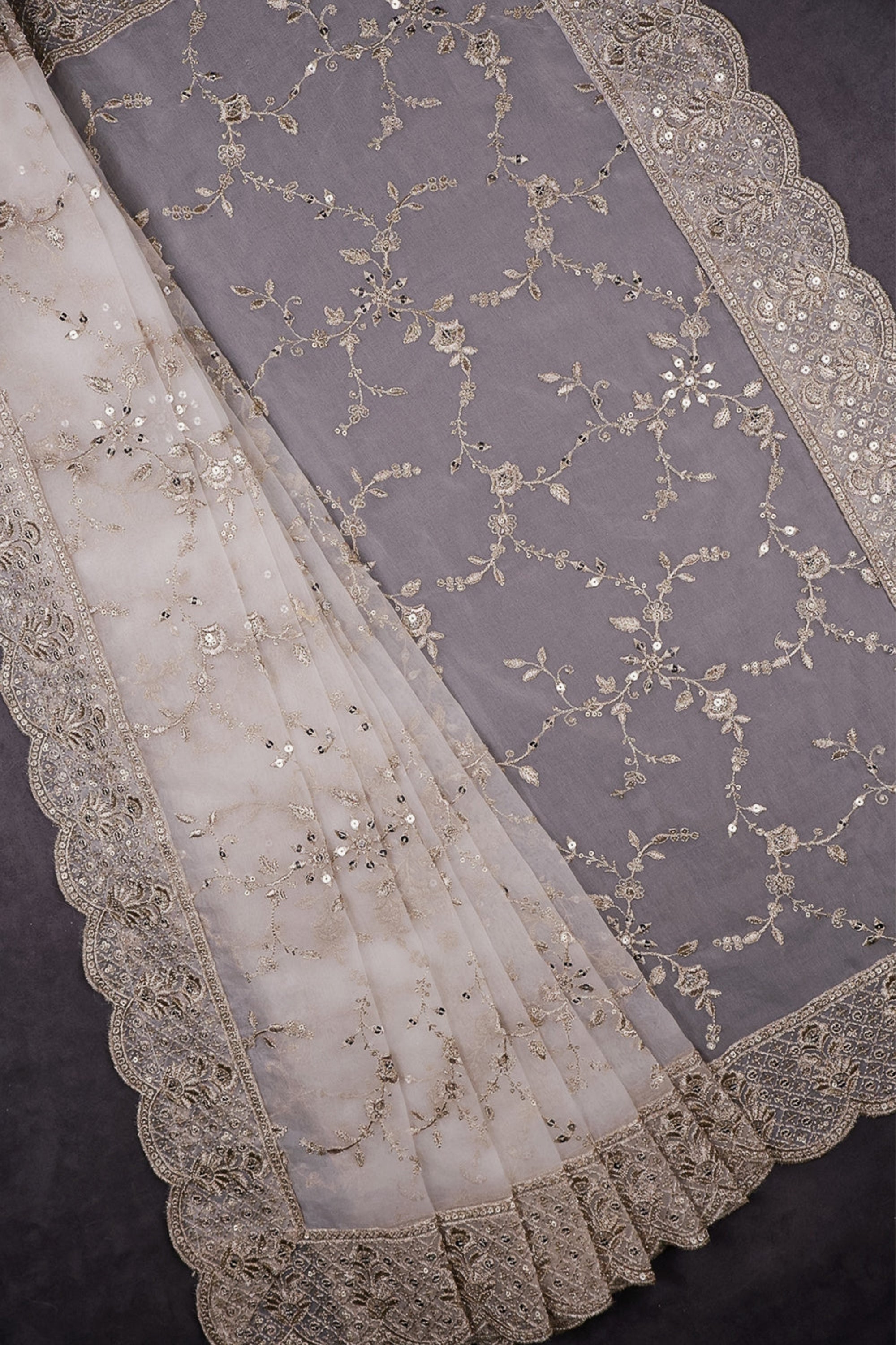 White Dyeable Organza Dupatta With All Over Zari And Sequins Work 16932