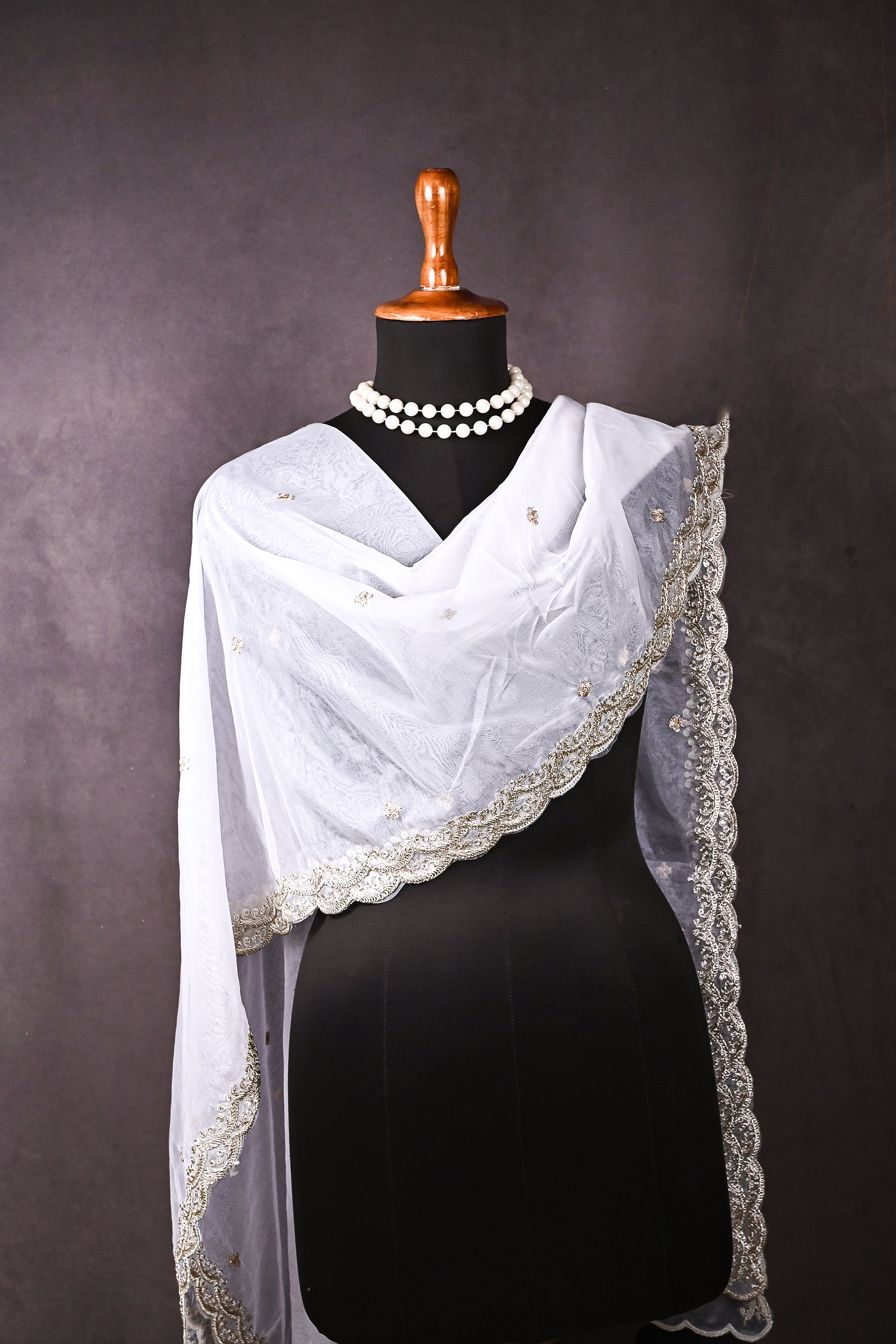 White Dyeable Organza Dupatta All Over Zari And Sequins Work 16933