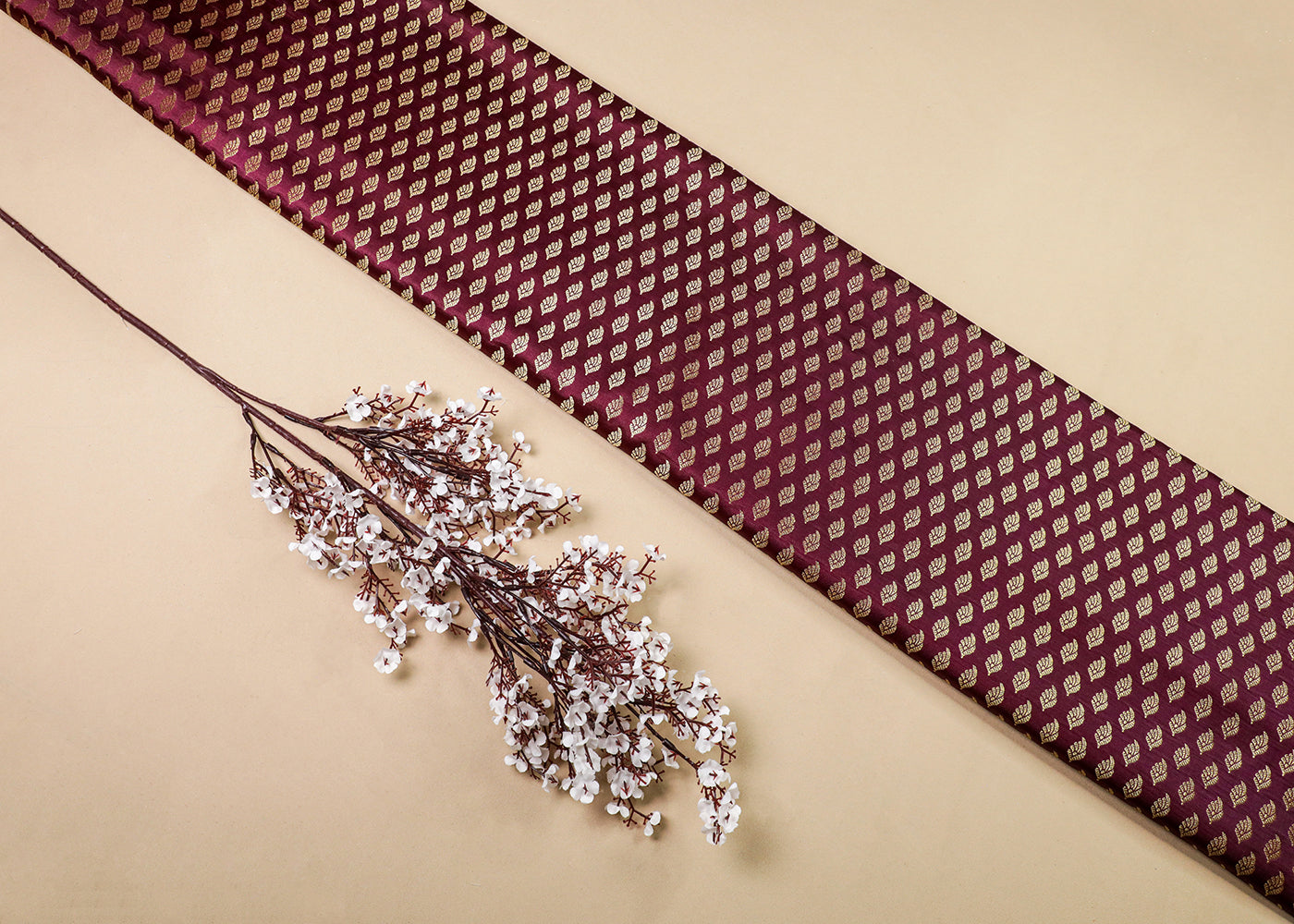 Wine Banarasi Brocade Fabric With All Over Thread And Golden Zari Handloom 16934